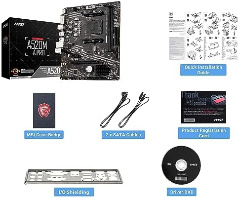 MSI A520M A PRO Gaming Motherboard  AMD Ryzen 5000  AM4  DDR4  PCIe 3 0  SATA 6Gb/s  M 2  USB 3 2 Gen 1  DVI/HDMI  Micro ATX 
