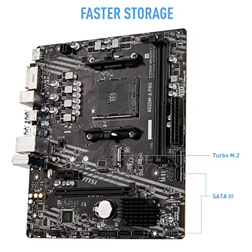 MSI A520M A PRO V1 Gaming Motherboard  AMD Ryzen 5000  AM4  DDR4  PCIe 3 0  SATA 6Gb/s  M 2  USB 3 2 Gen 1  DVI/HDMI  Micro ATX