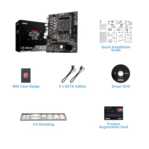 MSI A520M A PRO V1 Gaming Motherboard  AMD Ryzen 5000  AM4  DDR4  PCIe 3 0  SATA 6Gb/s  M 2  USB 3 2 Gen 1  DVI/HDMI  Micro ATX