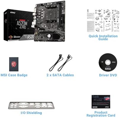 MSI A520M A PRO V1 Gaming Motherboard  AMD Ryzen 5000  AM4  DDR4  PCIe 3 0  SATA 6Gb/s  M 2  USB 3 2 Gen 1  DVI/HDMI  Micro ATX 