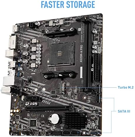 MSI A520M A PRO V1 Gaming Motherboard  AMD Ryzen 5000  AM4  DDR4  PCIe 3 0  SATA 6Gb/s  M 2  USB 3 2 Gen 1  DVI/HDMI  Micro ATX 