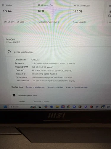 MSI Cyborg 15 A12VF 15,6" i7-12650H 16 GB 477 GB SSD RTX 4060
