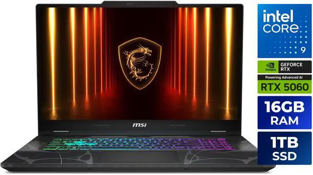 MSI Cyborg 17   17 3" FHD 144 Hz   Intel Core 9 270H 2 70 5 80 GHz    GeForce RTX 5060 Laptop GPU   16GB Memory DDR5 5600   1TB NVMe SSD Gen4x4 SSD   Windows 11 Home   Cyborg 17 B2RWFKG 067US