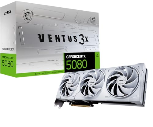 MSI Gaming RTX 5080 16G Ventus 3X OC White Graphics Card  16GB GDDR7  256 bit  Extreme Clock TBD MHz  DisplayPort x 3 2 1a  HDMI 2 1b  NVIDIA Blackwell Architecture 