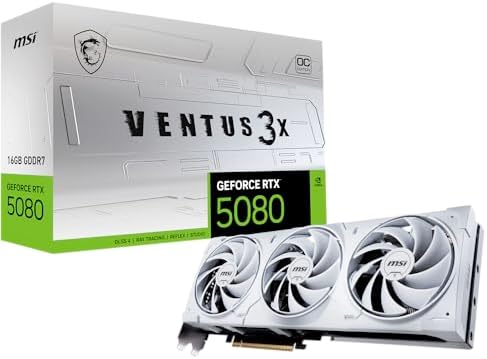 MSI Gaming RTX 5080 16G Ventus 3X OC White Graphics Card  16GB GDDR7  256 bit  Extreme Clock TBD MHz  DisplayPort x 3 2 1a  HDMI 2 1b  NVIDIA Blackwell Architecture 