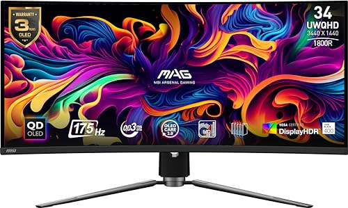 MSI MAG341CQP QD OLED  34 Curved OLED Gaming Monitor  3440 x 1440  UWQHD   0 03ms Response time  175Hz  True Black HDR 400  HDMI  DP Port  USB Type C  Tilt  Height  Black