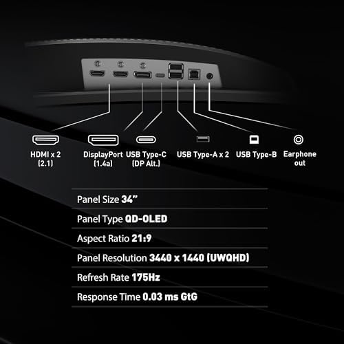 MSI MAG341CQP QD OLED  34 Curved OLED Gaming Monitor  3440 x 1440  UWQHD   0 03ms Response time  175Hz  True Black HDR 400  HDMI  DP Port  USB Type C  Tilt  Height  Black