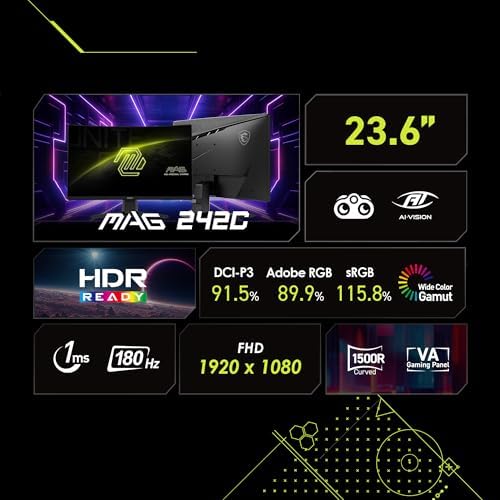 MSI MAG 242C 24 inch 1920 x 1080  FHD  Gaming Monitor  180Hz  Adaptive Sync  HDMI  DisplayPort  VESA Mountable  Tilt  Height Adjustable  Speaker  1ms  Black