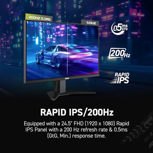 MSI MAG 255F E20 25 inch 1920 x 1080  FHD  Gaming Monitor  200Hz  Adaptive Sync  HDMI  DisplayPort  VESA Mountable  Tilt  Height Adjustable  Speaker  0 5ms  Black