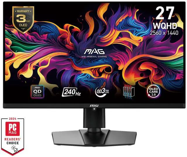 MSI MAG 271QPX QD OLED E2 27  WQHD Gaming Monitor   240Hz  0 03ms GTG  QD OLED  FreeSync Premium Pro  HDR True Black 400  HDMI 2 1  USB C  Anti Reflection  Frameless Design  Adjustable Stand