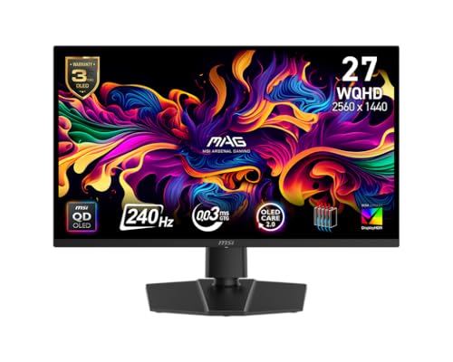 MSI MAG 271QP QD-OLED X24 27 pulgadas 2560 x 1440 (QHD) Monitor para juegos, 240Hz, sincronización adaptativa, HDMI, DisplayPort, montaje VESA, inclinación, altura ajustable, altavoz, 0.03 ms, negro