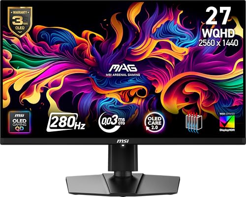 MSI MAG 271QP QD OLED X28 27 inch 2560 x 1440  QHD  Gaming Monitor  280Hz  Adaptive Sync  HDR Ready  HDMI  VGA Port  VESA Mountable  Tilt  4 Side Slim Bezel  0 03ms  Black