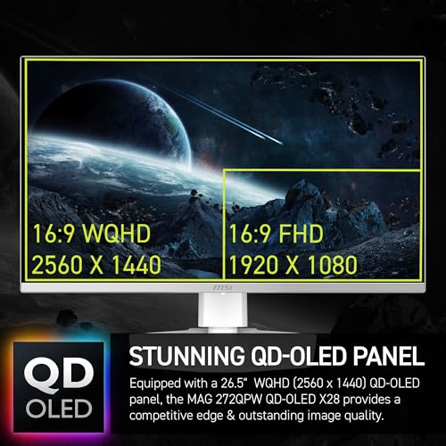 MSI MAG 272QPW QD OLED X28 27 inch 2560 x 1440  QHD  Gaming Monitor  280Hz  Adaptive Sync  HDR Ready  HDMI  VGA Port  VESA Mountable  Tilt  4 Side Slim Bezel  0 03ms  White