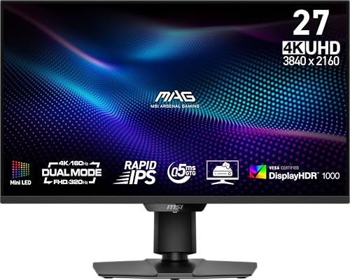 MSI MAG 274UPDF E16M 27 inch 3840 x 2160  UHD  Gaming Monitor  160Hz  AMD Adaptive Sync  HDR Ready  HDMI  VGA Port  VESA Mountable  Tilt  4 Side Slim Bezel  0 5ms  Black