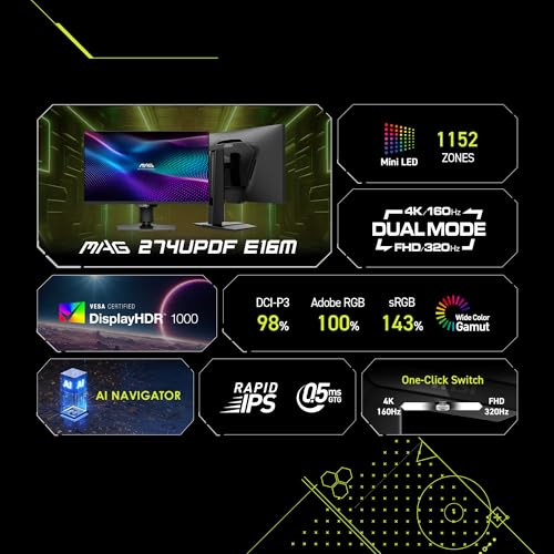 MSI MAG 274UPDF E16M 27 inch 3840 x 2160  UHD  Gaming Monitor  160Hz  AMD Adaptive Sync  HDR Ready  HDMI  VGA Port  VESA Mountable  Tilt  4 Side Slim Bezel  0 5ms  Black