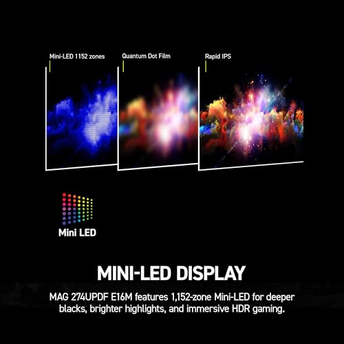 MSI MAG 274UPDF E16M 27 inch 3840 x 2160  UHD  Gaming Monitor  160Hz  AMD Adaptive Sync  HDR Ready  HDMI  VGA Port  VESA Mountable  Tilt  4 Side Slim Bezel  0 5ms  Black