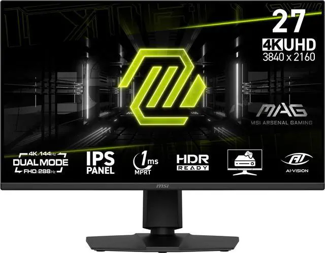 MSI MAG 275UPD E14 27 inch 3840 x 2160  UHD  Gaming Monitor  288Hz  Adaptive Sync  Dual Mode  Rapid IPS  VESA DisplayHDR400  HDMI  DisplayPort  VESA Mountable  Tilt  Height Adjustable  1ms  Black