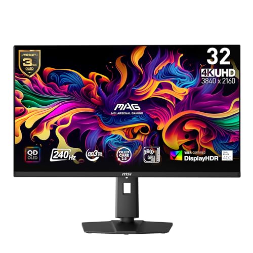 MSI MAG 321UPX QD OLED  32 4K UHD Quantum Dot OLED Gaming Monitor  3840 x 2160  0 03ms  240Hz  True Black HDR 400  15W USB Type C  HDMI  DP Port