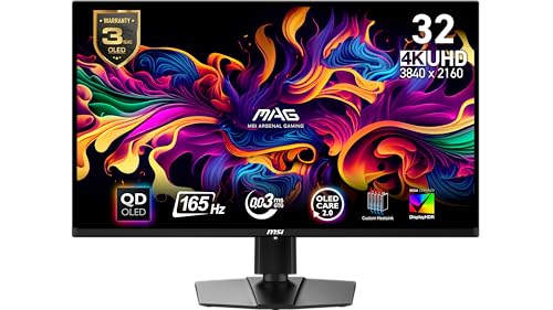 MSI MAG 321UP QD OLED 32 inch QD OLED 3840 x 2160  UHD  Computer Monitor  165Hz  Adaptive Synch  HDMI  Display Port  VGA Port  VESA Mountable  Tilt  Height Adjustable  Speaker  0 03ms  Black