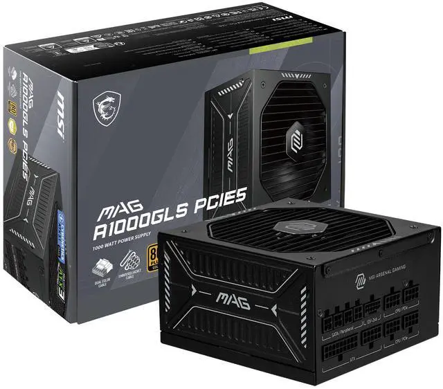 MSI MAG A1000GLS PCIE5  Fully Modular Compact Gaming 1000W Power Supply  80  Gold  ATX 3 1 & PCIe 5 1 Ready  Dual color 12V 2x6 cable  Low Noise  Embossed Jacket Cables  10 Year Warranty