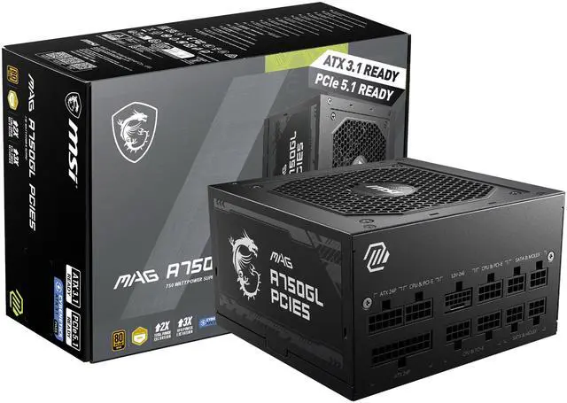 MSI MAG A750GL PCIE5  Fully Modular Compact Gaming 750W Power Supply  80  Gold  ATX 3 1 & PCIe 5 1 Ready  Native Dual color 12V 2x6 cable  10 Year Warranty