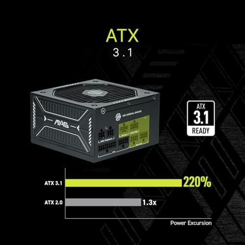 MSI MAG A850GLS PCIE5 ATX 3.1 Fuente de alimentación para juegos - Full Modular - 80 Plus Gold Certified 850W - Condensadores 100% japoneses a 221.0 °F - ATX PSU