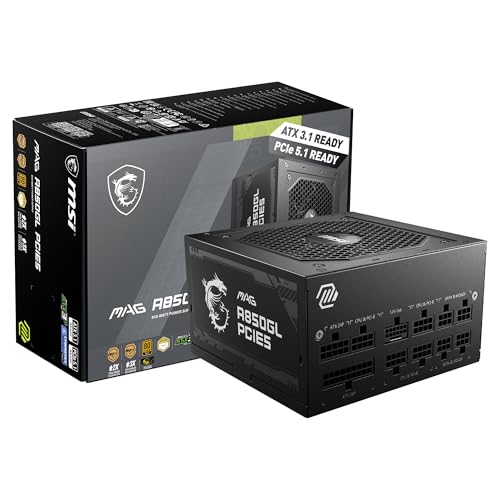 MSI MAG A850GL PCIE5  Fully Modular Compact Gaming 850W Power Supply  80  Gold  ATX 3 1 & PCIe 5 1 Ready  Native Dual Color 12V 2x6 Cable  10 Year Warranty