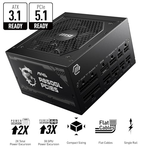 MSI MAG A850GL PCIE5  Fully Modular Compact Gaming 850W Power Supply  80  Gold  ATX 3 1 & PCIe 5 1 Ready  Native Dual Color 12V 2x6 Cable  10 Year Warranty