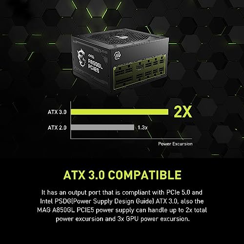 MSI MAG A850GL PCIE5 Fully Modular Compact Gaming 850W Power Supply 80 Gold ATX 3 1 & PCIe 5 1 Ready Native Dual Color 12V 2x6 Cable 10 Year Warranty