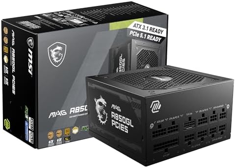 MSI MAG A850GL PCIE5  Fully Modular Compact Gaming 850W Power Supply  80  Gold  ATX 3 1 & PCIe 5 1 Ready  Native Dual Color 12V 2x6 Cable  10 Year Warranty