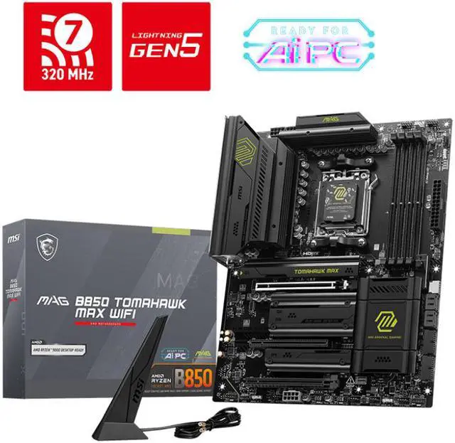MSI MAG B850 TOMAHAWK MAX WIFI Motherboard  ATX   Supports AMD Ryzen 9000 / 8000 / 7000 Processors  AM5   80A SPS VRM  DDR5 Memory Boost 8400  MT/s  OC   PCIe 5 0 x16  M 2 Gen5  Wi Fi 7  5G LAN