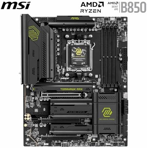 MSI MAG B850 Tomahawk MAX WiFi Motherboard  ATX   Supports AMD Ryzen 9000/8000 / 7000 Processors  AM5 80A SPS VRM  DDR5 Memory Boost 8400  MT/s  OC   PCIe 5 0 x16  M 2 Gen5  Wi Fi 7  5G LAN