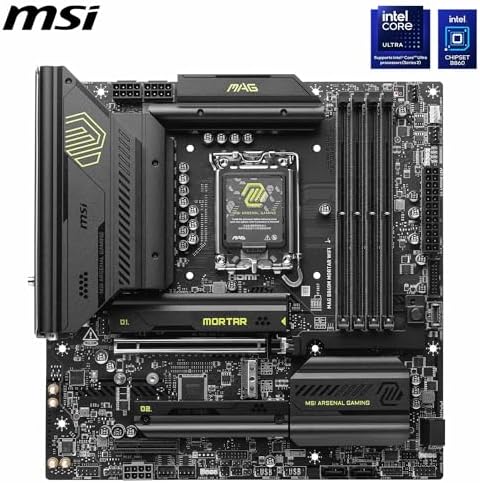MSI MAG B860M Mortar WiFi Motherboard  mATX   Supports Intel Core Ultra Processors  Series 2   LGA 1851   DDR5 Memory Boost 9200  MT/s OC  1 x PCIe 5 0 x16  1 x M 2 Gen5  5G LAN  Wi Fi 7