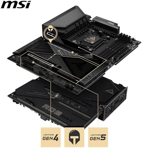 MSI MEG X870E ACE MAX Motherboard  ATX   Supports AMD Ryzen 9000/8000 / 7000 Processors  AM5 64MB BIOS ROM  110A SPS VRM  DDR5 Memory  up to 8400  MT/s OC   M 2 & PCIe 5 0  USB4  Wi Fi 7  10G LAN