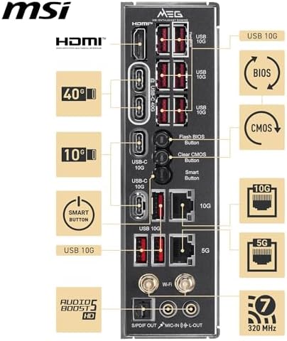 MSI MEG X870E ACE MAX Motherboard  ATX   Supports AMD Ryzen 9000/8000 / 7000 Processors  AM5 64MB BIOS ROM  110A SPS VRM  DDR5 Memory  up to 8400  MT/s OC   M 2 & PCIe 5 0  USB4  Wi Fi 7  10G LAN