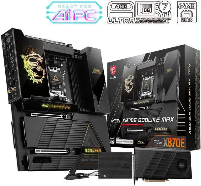 MSI MEG X870E GODLIKE MAX  E ATX   Supports AMD Ryzen 9000/8000/7000 Processors  AM5   Dynamic Dashboard III  EZ Slide M 2  64MB BIOS ROM  110A SPS  M 2 & PCIe 5 0  USB4  Wi Fi 7  10G   5G LAN