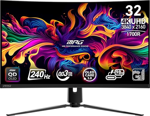 MSI MPG 321CURX QD OLED 32 inch 3840 x 2160  UHD  Computer Monitor  240Hz  Adaptive Synch  HDMI  DP Port  VESA Mountable  Tilt  Speaker  0 03ms  Black