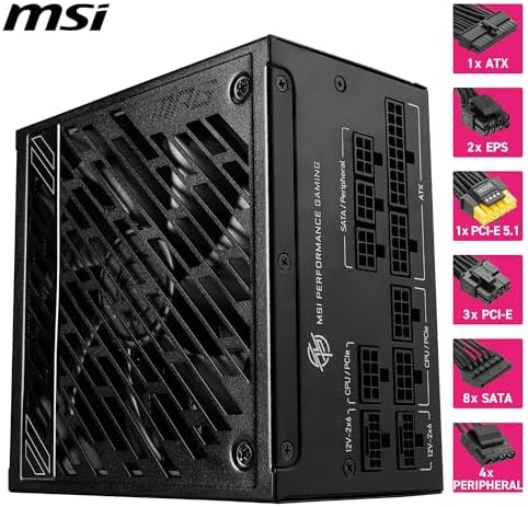 MSI MPG A1000GS PCIE5  Fully Modular Gaming 1000W Power Supply  80  Gold  Dual 12V 2x6 Cables  Server Grade Capacitor  ATX 3 1 & PCIe 5 1 Ready  Low Noise  Semi Digital  10 Year Warranty