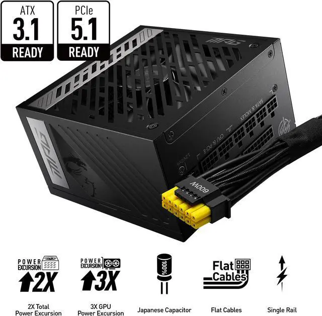 MSI MPG A850G PCIE5  Fully Modular Compact Gaming 850W Power Supply  80  Gold  Native 12V 2x6 Cable  100  Japanese Capacitor  ATX 3 1 & PCIe 5 1 Ready  Low Noise  10 Year Warranty