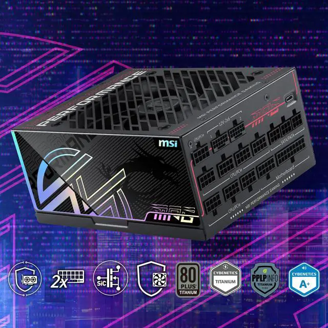 MSI MPG Ai1600TS PCIE5  Fully Modular Gaming 1600W Power Supply  80  Titanium  Dual 12V 2x6 Cables  GPU Safeguard   SiC MOSFETs  Fan Safeguard  ATX 3 1 & PCIe 5 1 Ready  12 Year Warranty