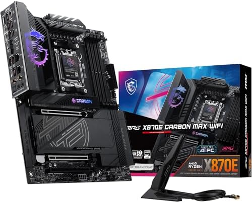 MSI MPG X870E Carbon MAX WiFi Motherboard  ATX   Supports AMD Ryzen 9000/8000 / 7000 Processors  AM5 64MB BIOS ROM  110A SPS VRM  DDR5 Memory Boost 8400 MT/s  OC   PCIe 5 0 x16  M 2 Gen5