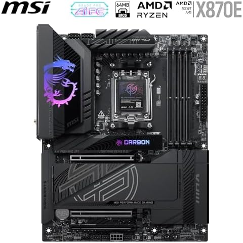 MSI MPG X870E Carbon MAX WiFi Motherboard  ATX   Supports AMD Ryzen 9000/8000 / 7000 Processors  AM5 64MB BIOS ROM  110A SPS VRM  DDR5 Memory Boost 8400 MT/s  OC   PCIe 5 0 x16  M 2 Gen5