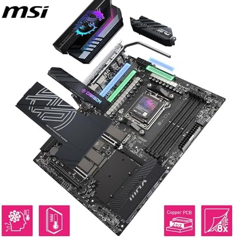 MSI MPG X870E Carbon MAX WiFi Motherboard  ATX   Supports AMD Ryzen 9000/8000 / 7000 Processors  AM5 64MB BIOS ROM  110A SPS VRM  DDR5 Memory Boost 8400 MT/s  OC   PCIe 5 0 x16  M 2 Gen5