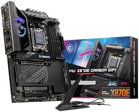 MSI MPG X870E Carbon MAX WiFi Motherboard  ATX   Supports AMD Ryzen 9000/8000 / 7000 Processors  AM5 64MB BIOS ROM  110A SPS VRM  DDR5 Memory Boost 8400 MT/s  OC   PCIe 5 0 x16  M 2 Gen5