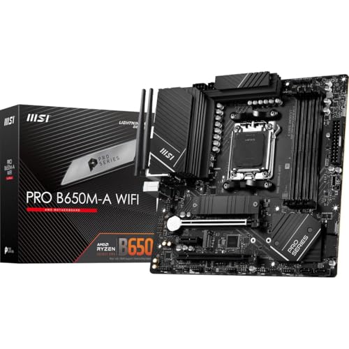 MSI PRO B650M A WiFi ProSeries Motherboard  AMD Ryzen 9000/8000/7000 Series Processors  AM5  DDR5  PCIe 4 0  M 2  SATA 6Gb/s  USB 3 2 Gen 2  HDMI/DP  Wi Fi 6E  Bluetooth 5 3  2 5Gbps LAN  mATX 