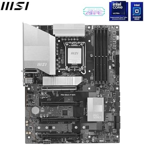 MSI PRO B860 P WiFi Motherboard  ATX   Supports Intel Core Ultra Processors  Series 2   LGA 1851 12 DRPS  DDR5 Memory Boost  8600  MT/s OC   PCIe 5 0 x16 & 4 0 x16  M 2 Gen5  Wi Fi 7  5G LAN