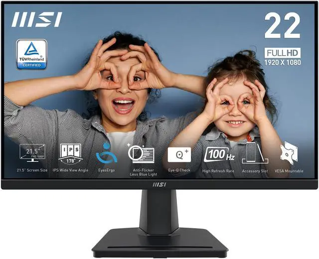 MSI PRO MP225  22 inch IPS 1920 x 1080  FHD  Computer Monitor  100Hz  Adaptive Sync  HDMI  Video Port  VESA Mountable  Tilt  1ms  Black