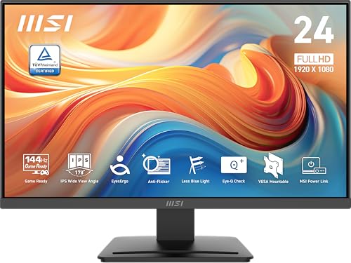 MSI PRO MP243L E14 24 inch IPS 1920 x 1080  FHD  Gaming Office Monitor  144Hz  Adaptive Synch  HDR Ready  HDMI  VGA Port VESA Mountable  Tilt  4 Side Slim Bezel 1ms  Black