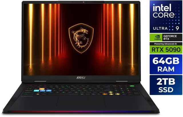MSI Raider   18" GeForce RTX 5090 Laptop GPU   Intel Core Ultra 9 285HX    64GB DDR5 6400MHz Memory   2TB SSD   Windows 11 Pro   Gaming Laptop   120 Hz Mini LED  Raider 18 HX AI A2XWJG 069US  