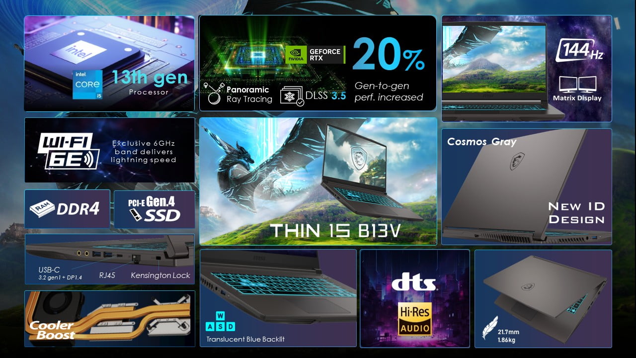MSI Thin 15 6 inch FHD 144Hz Gaming Laptop Intel Core i5 13420H NVIDIA GeForce RTX 4060   16GB DDR4 512GB SSD Gray  2025 